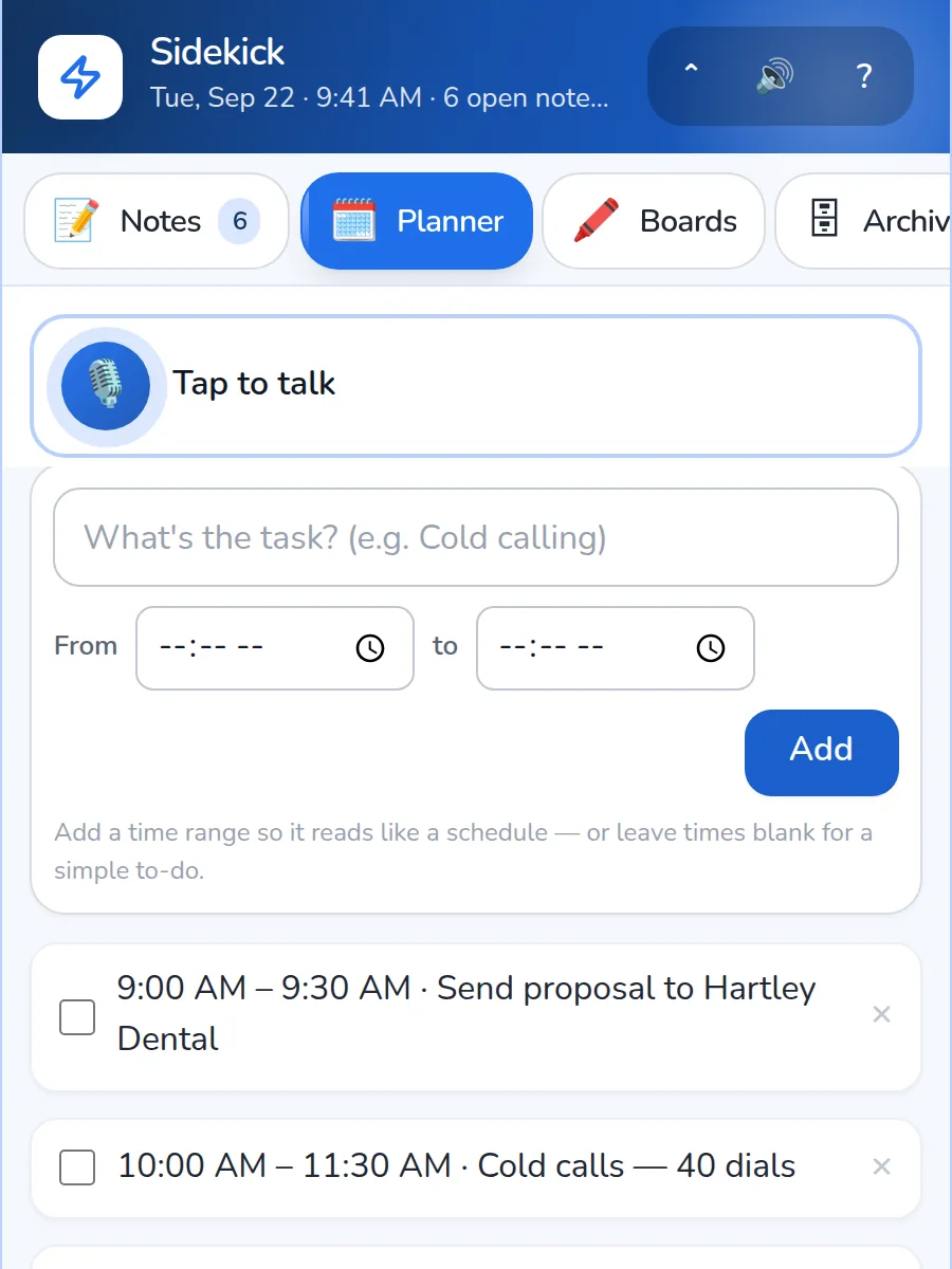 Sidekick’s plan for tomorrow — timed to-dos with Send plan and Remind me 7 AM