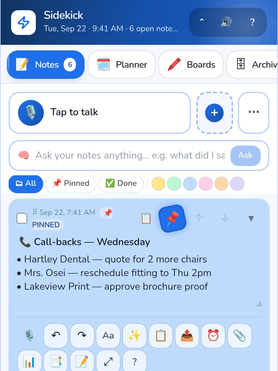 Sidekick notes — a colorful sticky note with checklists, pins and a full formatting toolbar