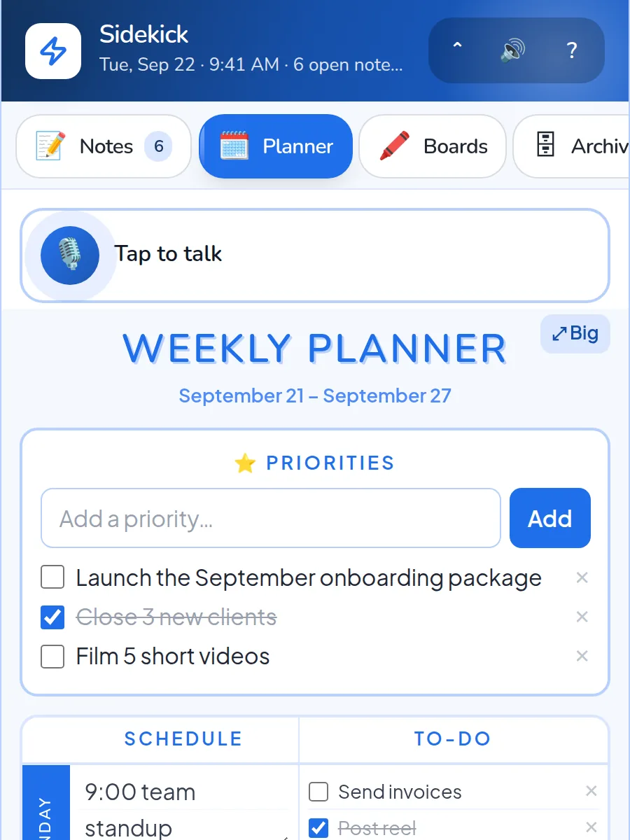 Sidekick planner — tap-to-talk dictation filling priorities and a weekly schedule